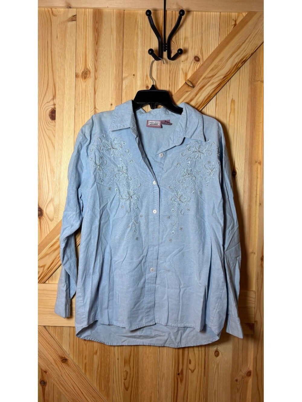 Premier International Light Blue Embroidered Cotton Button-Up Shirt for Ladies